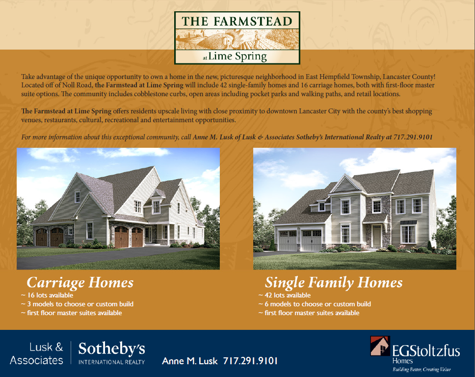 The Farmstead at Lime Spring offers residents upscale living with close proximity to downtown Lancaster City with the county’s best shopping venues, restaurants, cultural, recreational and entertainment opportunities.